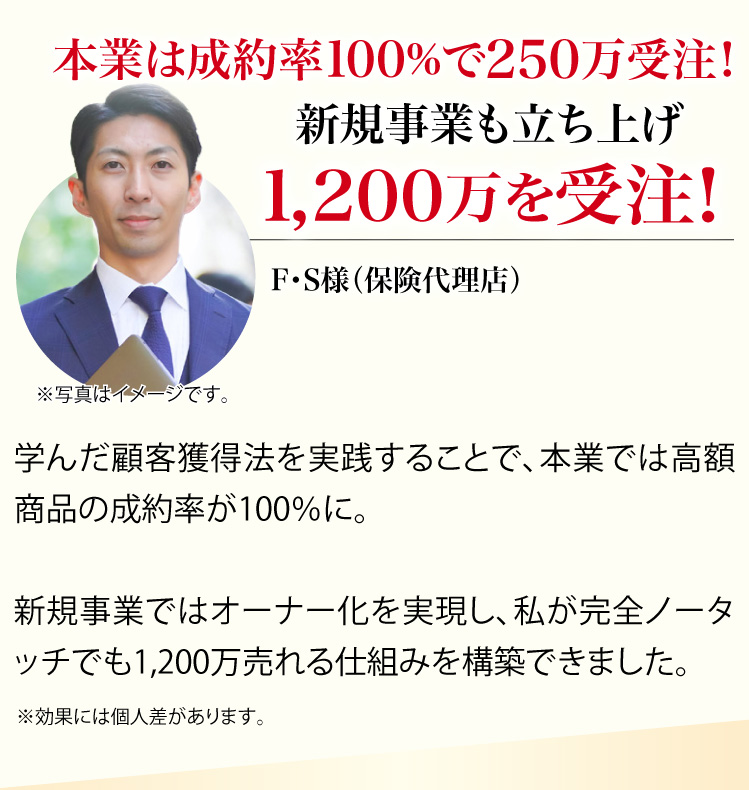 新事業で自分がいなくても年商8桁越えの業績を記録! F・S様(保険代理店)